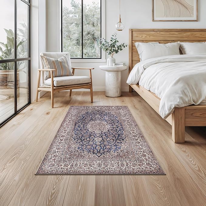Bloom Rugs Washable Non-Slip 3' x 5' Rug - Dark Blue/Beige Traditional Medallion Area Rug for Living Room, Bedroom, Dining Room, and Kitchen - Exact Size: 3' x 5'