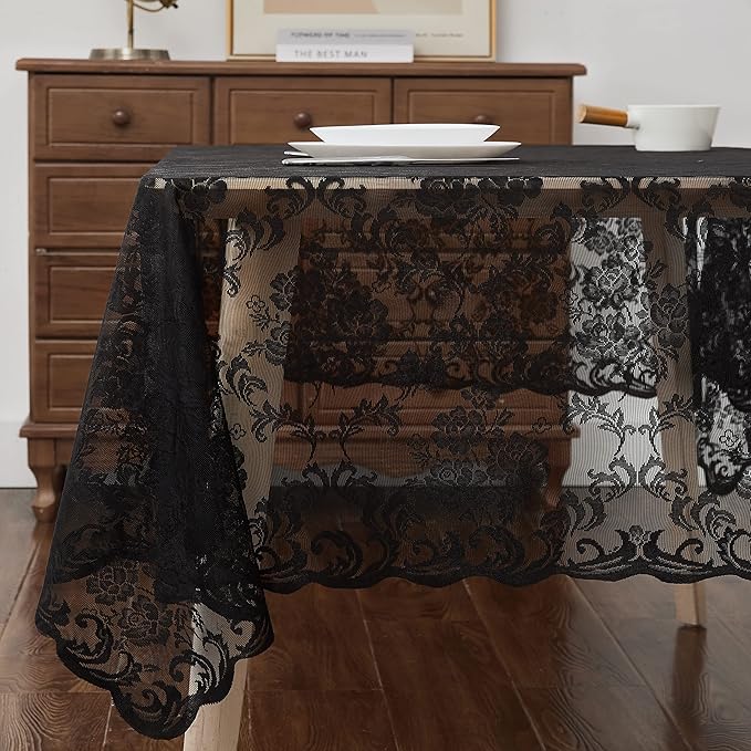 LinenZone Black Rectangle Tablecloth for Rustic Vintage Decor. Sheer Lace Tablecloth Works Great As Wedding Tablecloth, Thanksgiving Tablecloth or Baby Shower Tablecloth (Mia TC 54 x 72, Black)