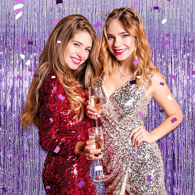6 Pack Light Purple Foil Fringe Curtain Backdrop, 3.28Ft x 8.2Ft Metallic Tinsel Foil Fringe Streamer Curtains for Photo Booth, Christmas Day, New Year, Wedding Party Decorations