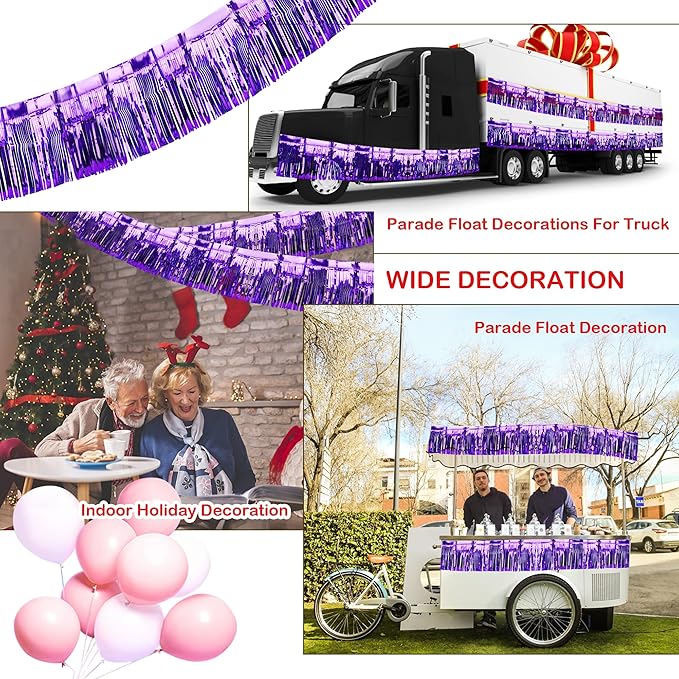 4 Pack Iridescent Fringe Float Curtain, Metallic Foil Fringe Garland Wall Hanging Drapes Tassel Foil Float for Parade Float Trailer, Birthday Holiday Outdoor/Indoor Party Decoration (Purple)