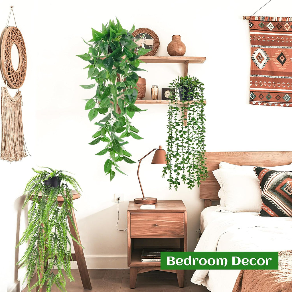 Der Rose 4Pcs Fake Plants Hanging Artificial Ivy Vine Faux Eucalyptus Hanging Plants, Boston Fern, String of Pearls for Living Room Aesthetic Bedroom Boho Kitchen Wall Shelf Indoor Outdoor Decor