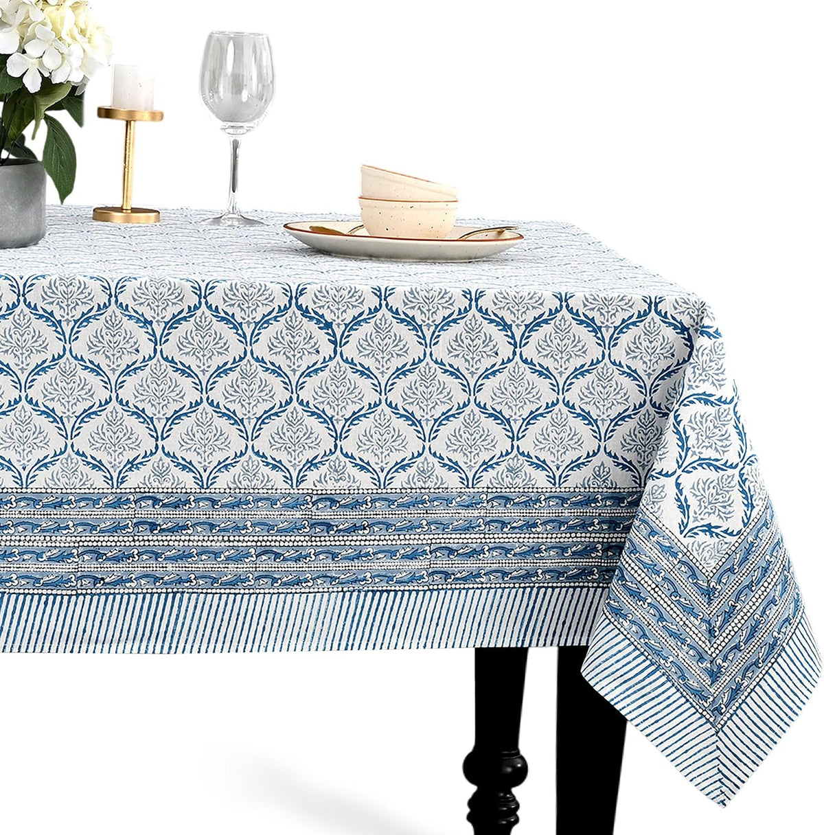 CPC Indigo Regal Tablecloth 100% Cotton 60x60 Inch Indian Block Print Rectang...