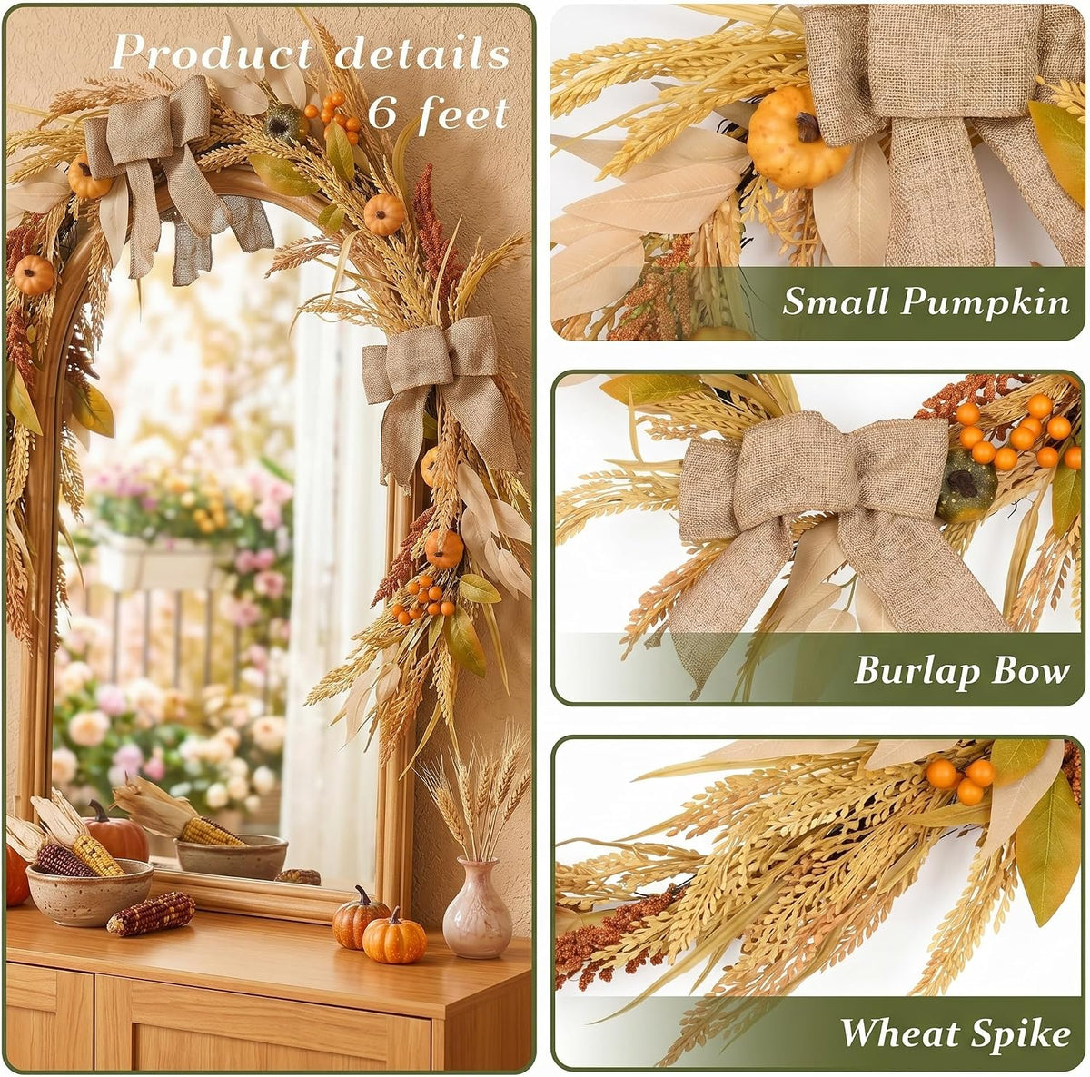 decorbyhannah 6ft fall garland for mantle with lights showing dimensions