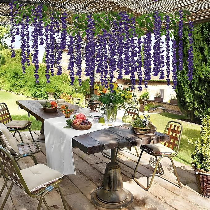 24 Pcs of Wisteria Hanging Flowers, 3.75 Feet Fake Wisteria Flower Strings, Artificial Wisteria Flowers Hanging Garland for Backdrop, Wedding, Ceremony,Garden and Home Wall Decoration (Dark Purple)