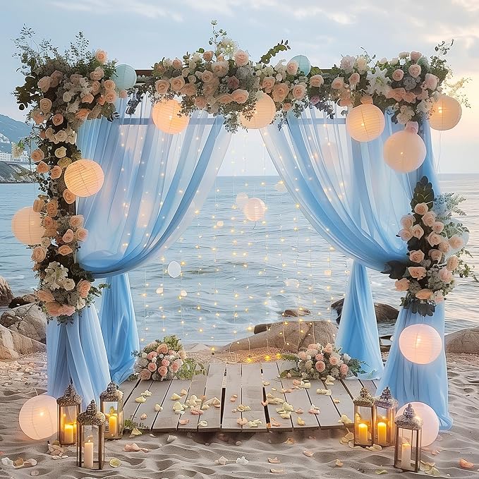 Tulle Backdrop Curtain with Lights String 10FT X 8FT Baby Blue Sheer Tulle Backdrop Curtains for Wedding Birthday Party Reception Photo Booth Background Decorations (2 Panels 5x8FT)