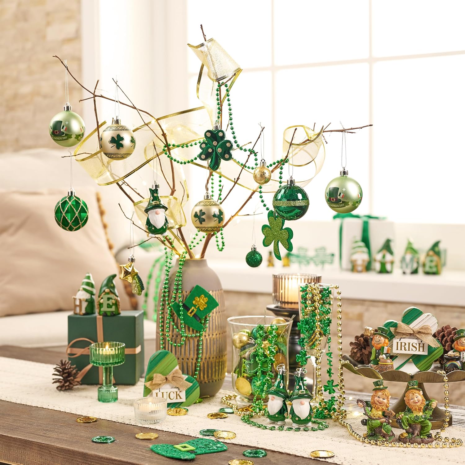 Valery Madelyn St Patricks Day Decorations Shamrock Tree Ornament,30pcs Hanging Ball Ornament Gnome Decor for Irish Festival, Good Luck Clover Emerald Green Gold Christmas Ball for Party Home Spring