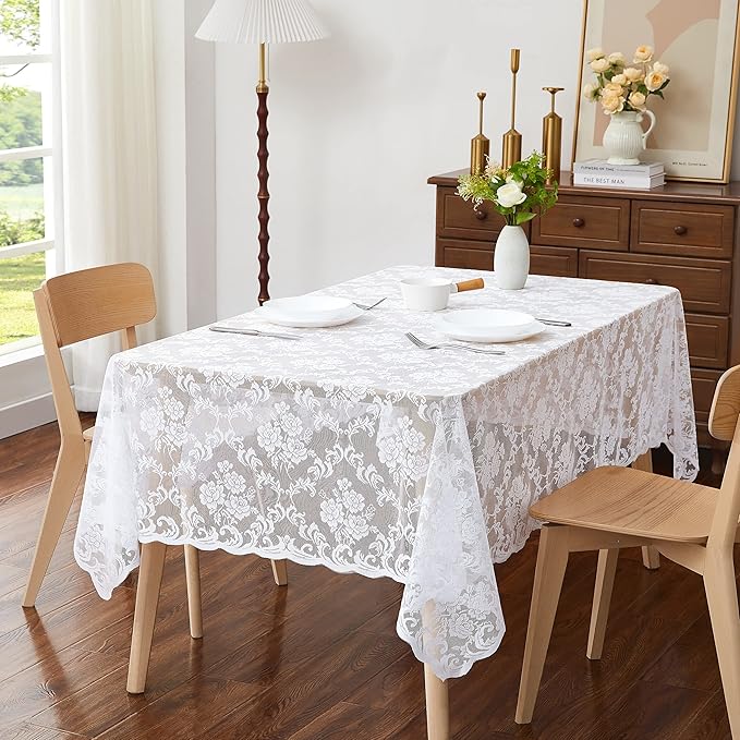 LinenZone Square White Tablecloth for Rustic Vintage Decor. Sheer Lace Table Cloth Works Great As Wedding Tablecloth or Thanksgiving Table Cover. (Mia TC 60 x 60, White)