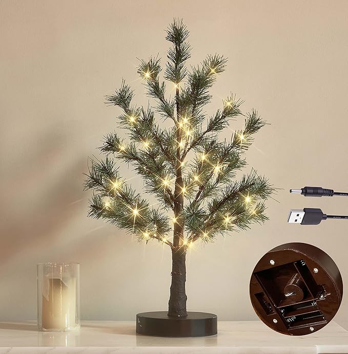 LITBLOOM Lighted Christmas Pine Tree 60 Fairy Lights Battery Operated or USB Plug in with Timer 18IN for Home and Holiday Decoration