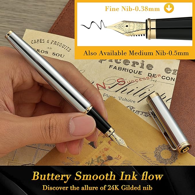 BEILUNER Silver Chrome Fountain Pen,Stunning Luxury with 24K Gold Accents, Gorgeous 24K Gilded Nib(Fine), Trustworthy Pen Gift for Men&Women -Ink Converter-Elegant, Graduation,Nice Pen for Writing