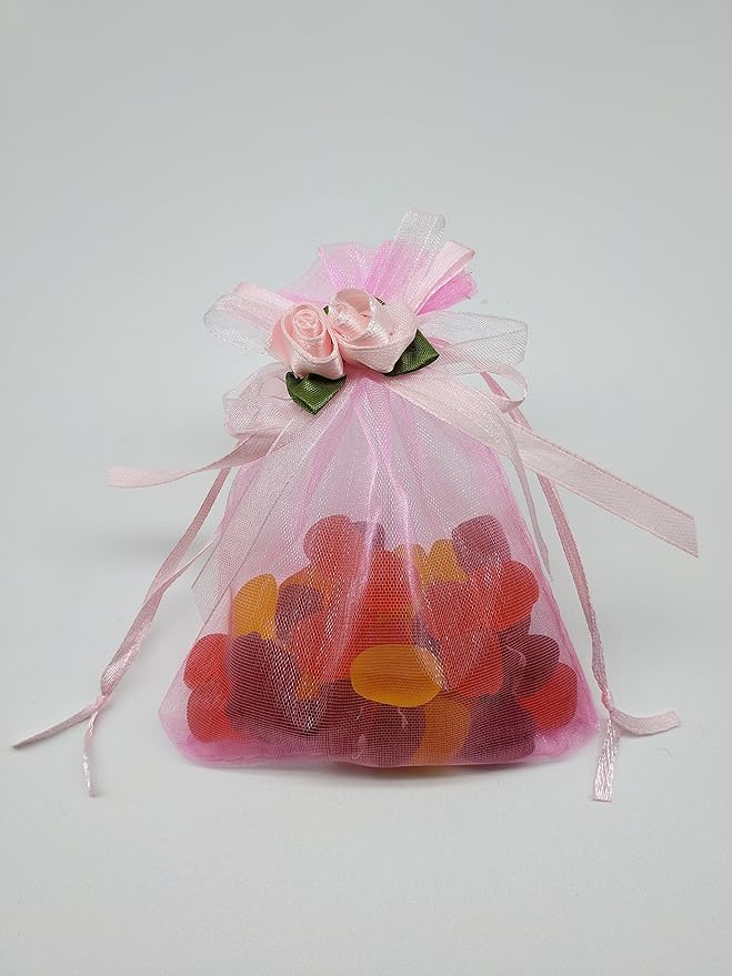 Ankirol 50pcs Sheer Organza Favor Bags For Wedding 3.8x4.8'' Gift Bags Samples Display Drawstring Rose Pouches (pink)