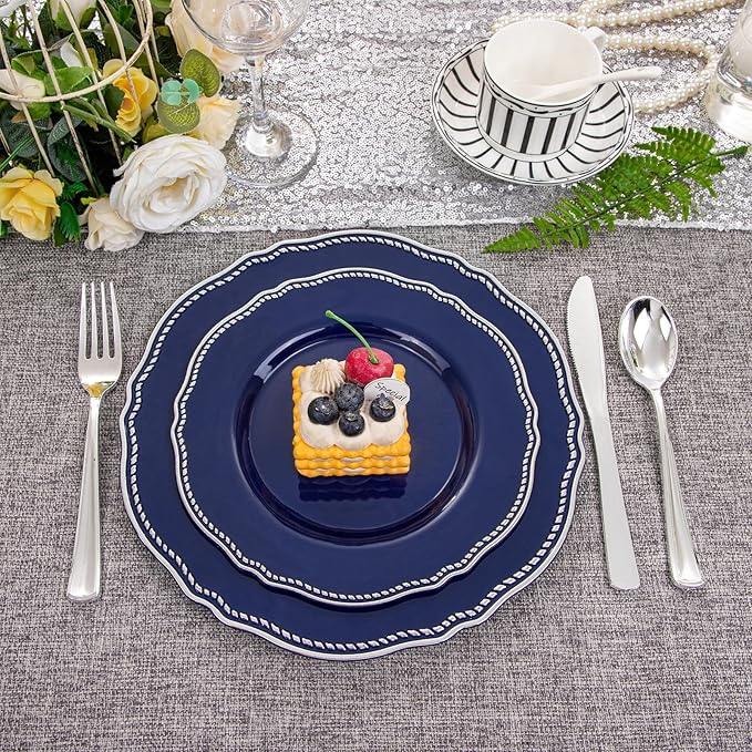 Hioasis 60pcs Blue Plastic Plates - Blue and Silver Disposable Dinnerware with Gold Rim, Heavy-duty, 10.25 inch, Dinner Plates for Party & Wedding