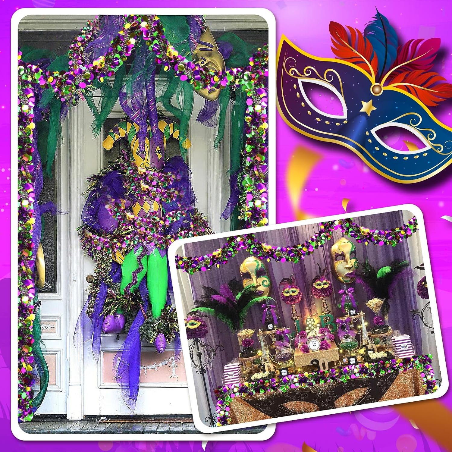 MARFOREVER Mardi Gras Tinsel Garland Mardi Gras Decorations Purple Green Gold Metallic Twist Garlands Carnival Hanging Ornament for Carnival Party Indoor Outdoor Home Supplies Decor, 3 Pcs 19.7 FT