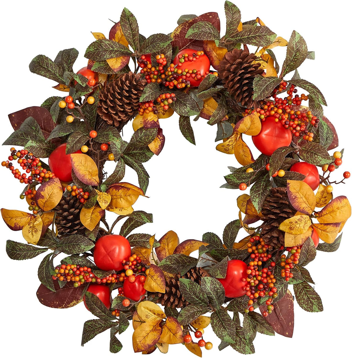 Nearly Natural 26 in Autumn Maple, Persimmons, and Pinecones Fall Wreath