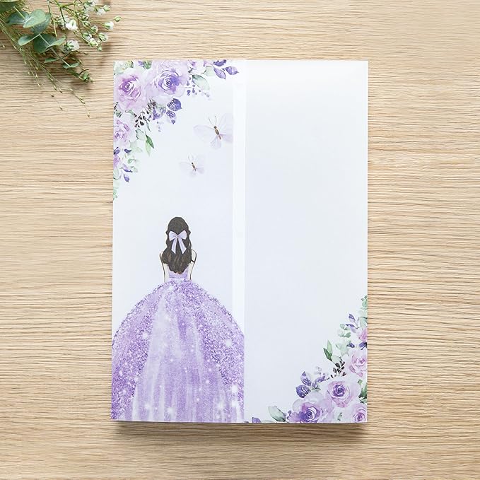 PONATIA 50 PCS Vellum Jackets for 5x7 Invitations - Vellum Paper 5x7 Jackets - 135GSM Purple Girl Flowers Quinceanera Invitation Transparent Wraps (Purple Girl)