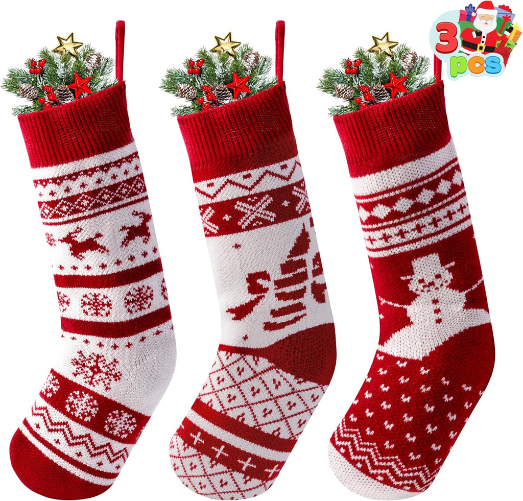 JOYIN 3 Pack 18" Knit Christmas Stockings, Burgundy/White Knitted Large Rustic Yarn Xmas Stockings, Snowflakes/Snowmen/Reindeers Character for Family Holiday Decorations, Wall, Staircase Decoration