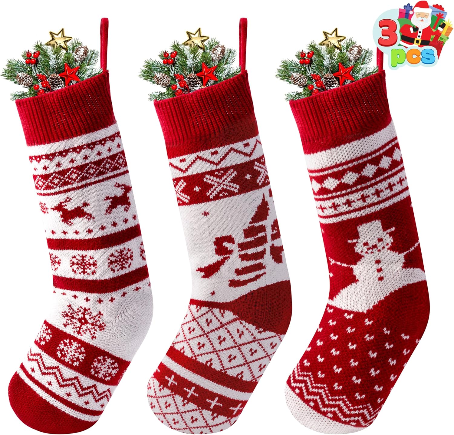 JOYIN 3 Pack 18" Knit Christmas Stockings, Burgundy/White Knitted Large Rustic Yarn Xmas Stockings, Snowflakes/Snowmen/Reindeers Character for Family Holiday Decorations, Wall, Staircase Decoration