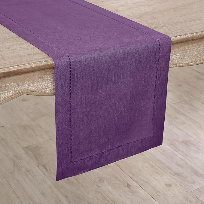 Solino Home Linen Table Runner 90 Inches Long - Classic Hemstitch 100% Pure Linen Purple Dining Table Runner 14 x 90 Inch for Fall, Autumn, Halloween, Thanksgiving, Holiday