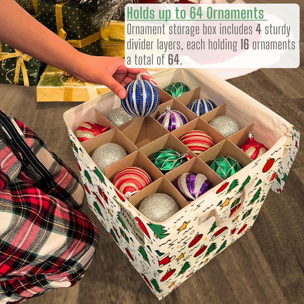 VENO 2 Pack Christmas Ornament Storage Box, Holiday Ornament Organizer with Adjustable Dividers, Sturdy Storage Containers for 64 Ornaments, Zippered Lid & Handles, 3" Cube (Jingle Mix)