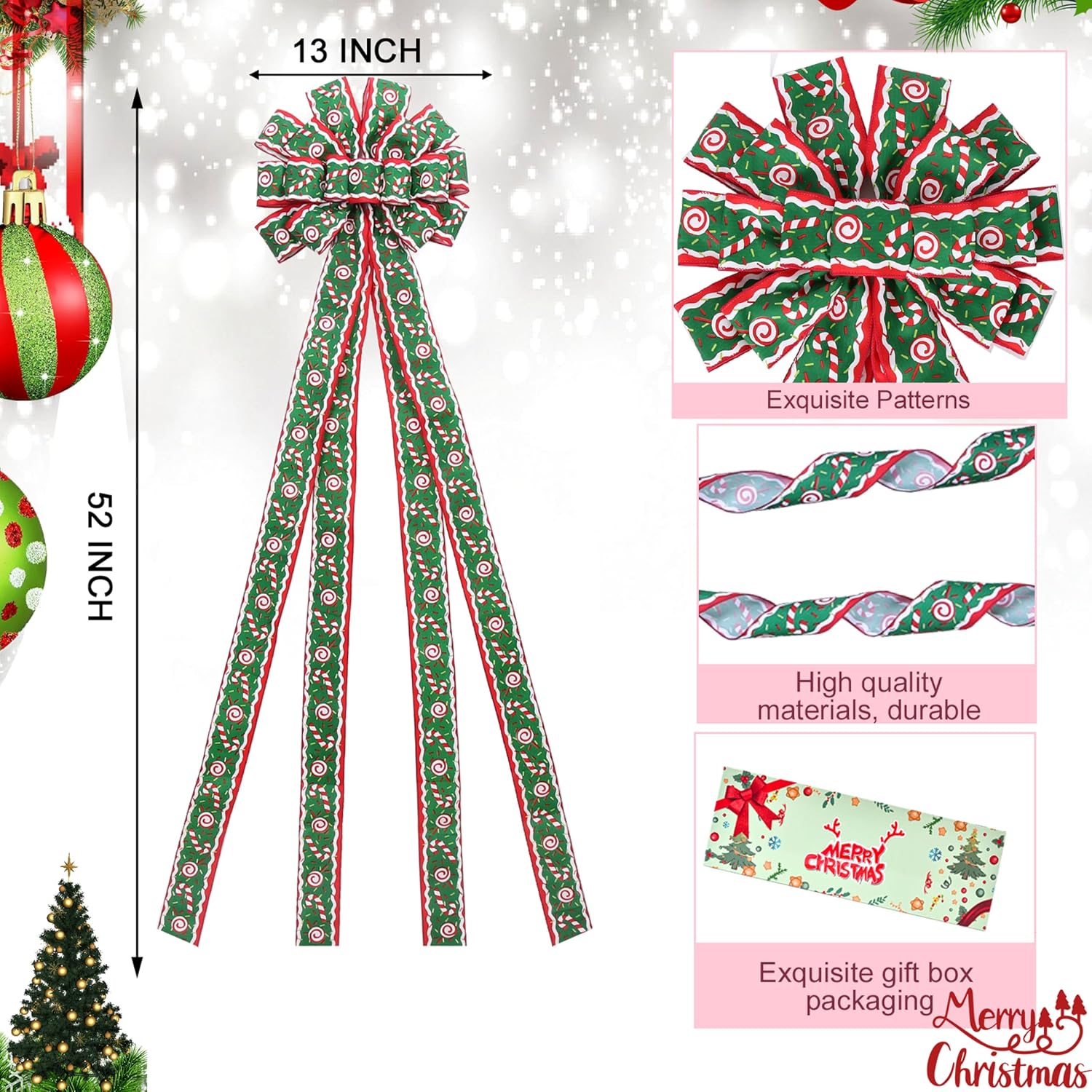 Christmas Tree Topper Wreath Bow Large Green Christmas Bow Tree Topper 52"x13" Red and Green Cane Patterned Gift Bows for Xmas Holiday Home Wedding Thanksgiving Indoor/Outdoor Decoration