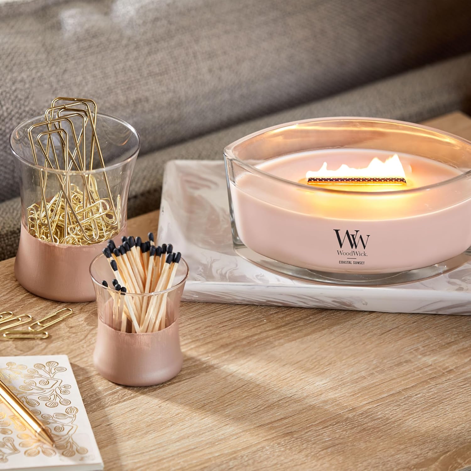 WoodWick Ellipse Scented Candle Vanilla & Sea Salt Scent Crackles as it Burns Up to 50 hours Burn Time Premium Soy blend Perfect for gifting 16oz