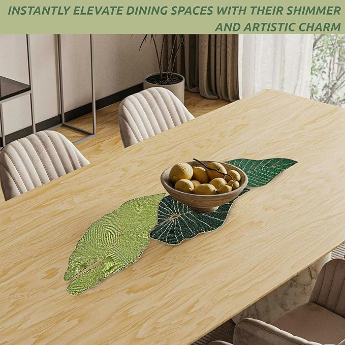 Luxury Beaded Table Runner - 13x36 Inches Handcrafted Leaf Pattern with Glass Beads & Polyester Back - Elegant Table Decor for Dining, Coffee Table & Events (Green) - CLEENTABLE
