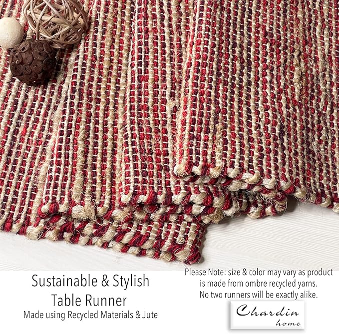 Chardin home Natural Jute Table Runner 13x108 Inch – Vintage Boho Rustic Table Decor – Handwoven Long Table Runner in Natural Jute and Red – Farmhouse Dining or Console Table Accent