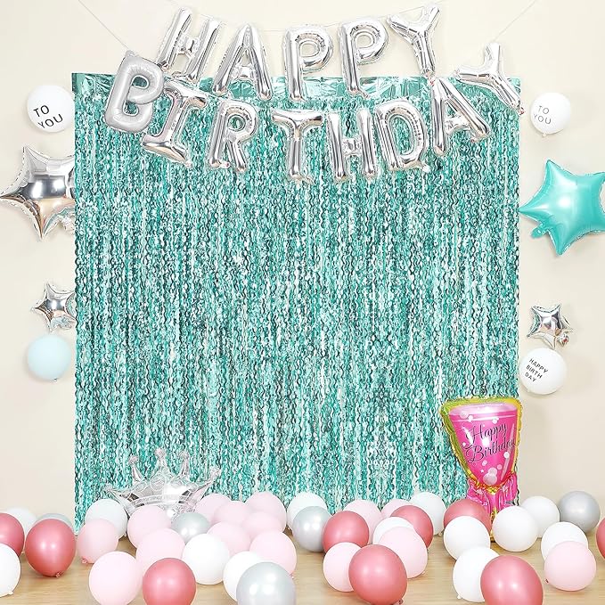 3 Pack Teal Aqua Blue Wave Foil Curtains - 3.3 ft x 6.6 ft Tinsel Metallic Streamers for Photo Booth Birthday Wedding Girl Princess Bachelorette Euphoria Theme Party Decorations