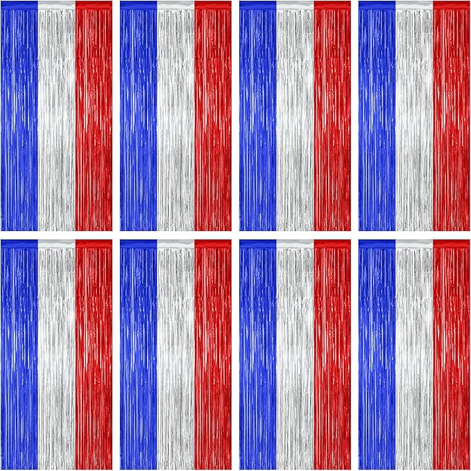 8 Pack 4th of July Photo Backdrop, 3.28 FT x 7.08 FT Fourth of July Decorations, Metallic Blue Silver Red Patriotic Tinsel Backdrop Foil Curtains, Patriotic Independence Day Decorations