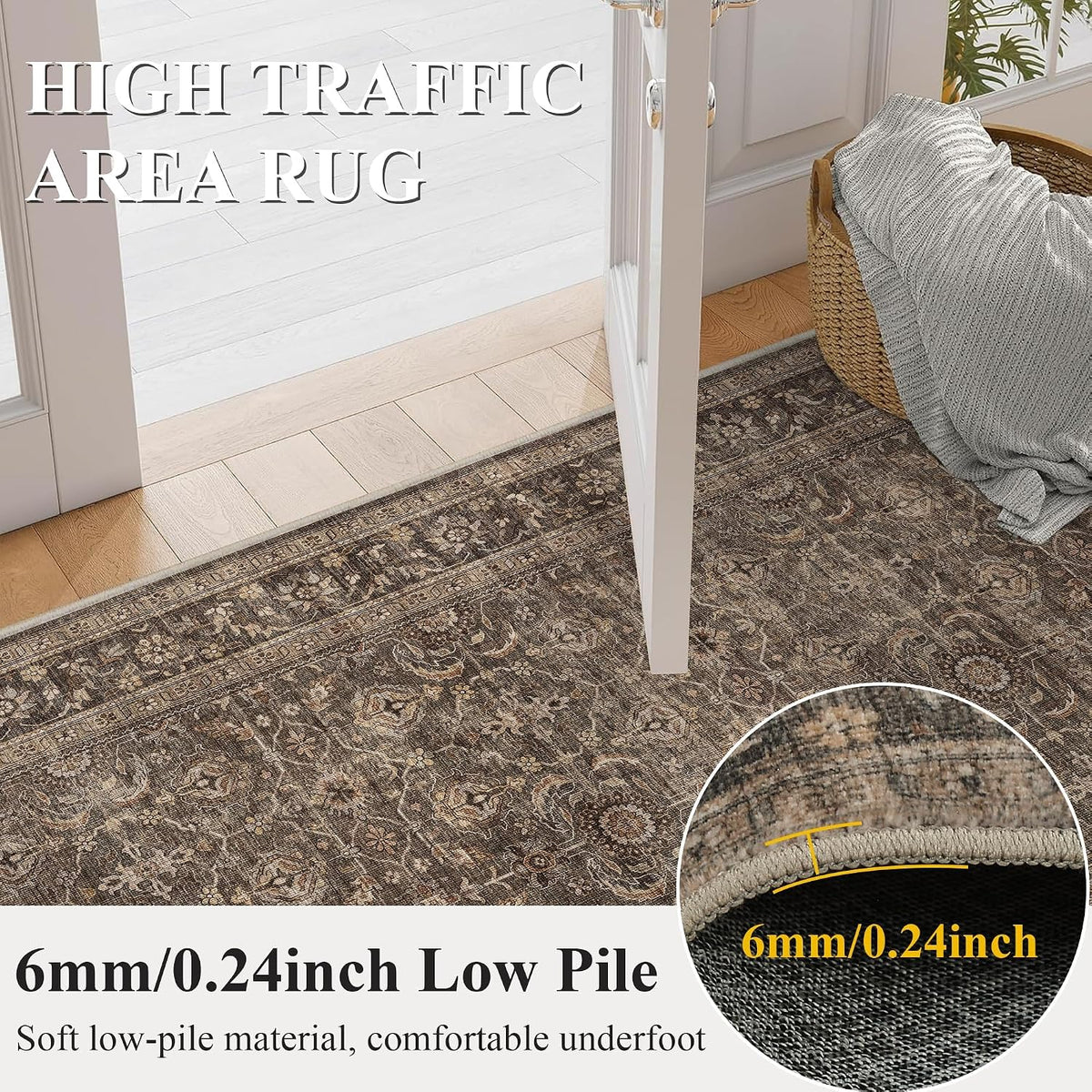 JOOJA 9x12 Dark Brown Vintage Soft Low Pile Washable Boho Large Area Rug