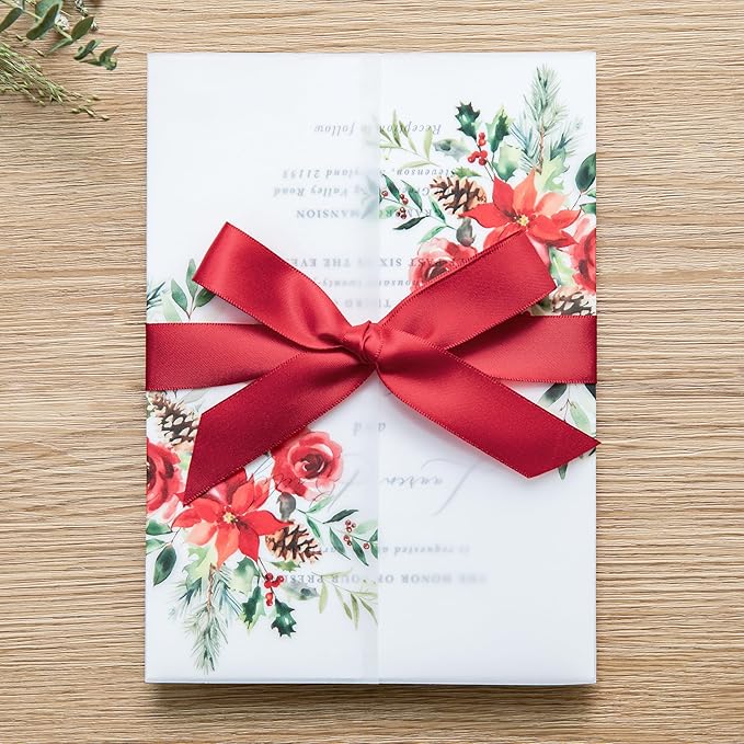 PONATIA 50 PCS 135gsm Vellum Jackets for 5x7 Wedding Invitation Cards- Christmas Red Floral Printed Vellum Sleeves, Invitation Cards Wraps, Christmas Cards Jackets