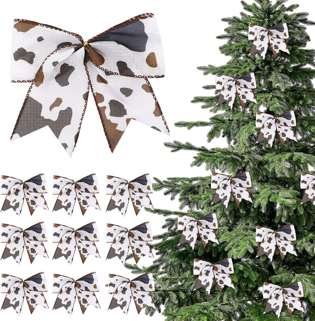 Janinka 24 Pcs Cowhide Printed Christmas Bows 6 Inch Large Cow Christmas Wreaths Bows for Farmhouse Tree Gift Wrapping Garland Holiday Western Party Crafts Xmas Tree Ribbon Ornaments