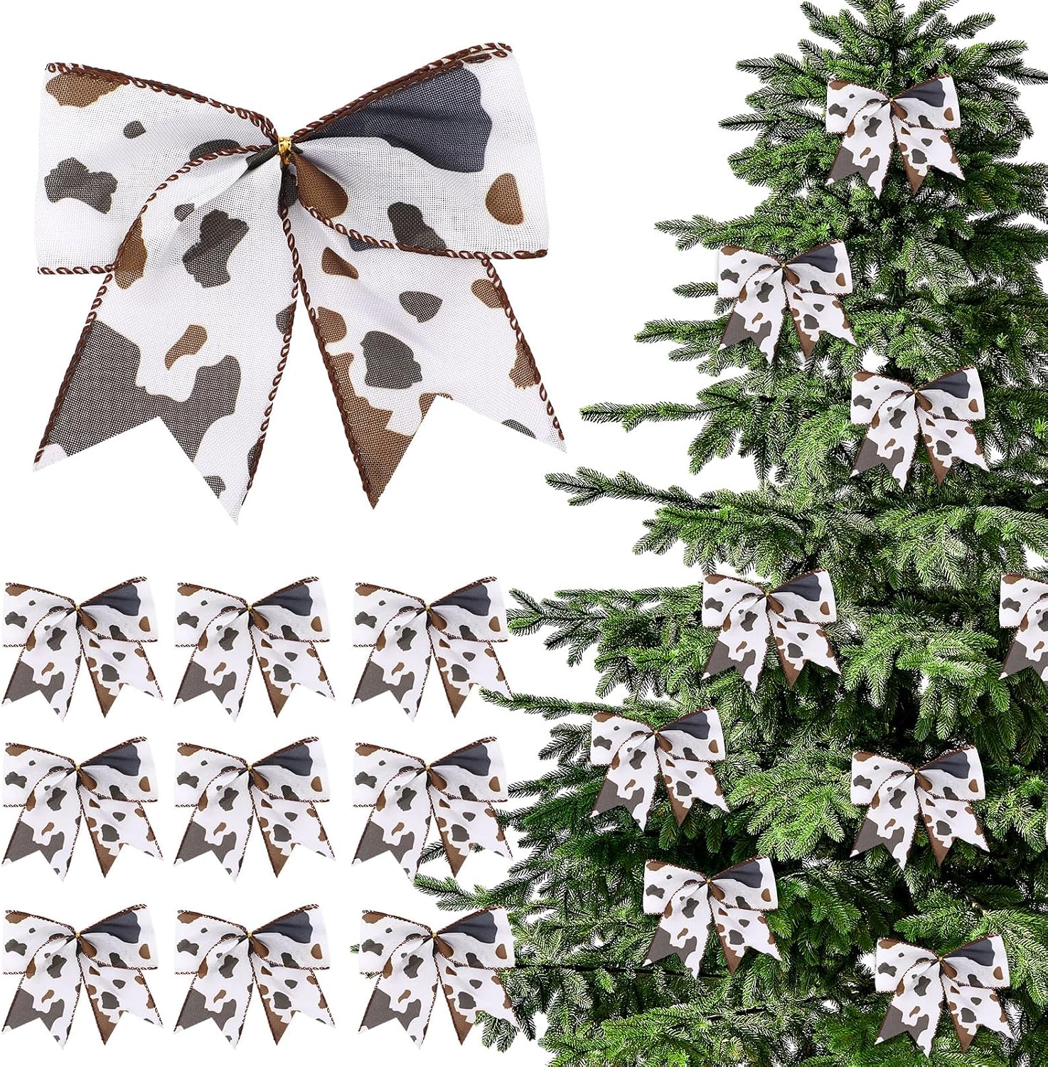 Janinka 24 Pcs Cowhide Printed Christmas Bows 6 Inch Large Cow Christmas Wreaths Bows for Farmhouse Tree Gift Wrapping Garland Holiday Western Party Crafts Xmas Tree Ribbon Ornaments