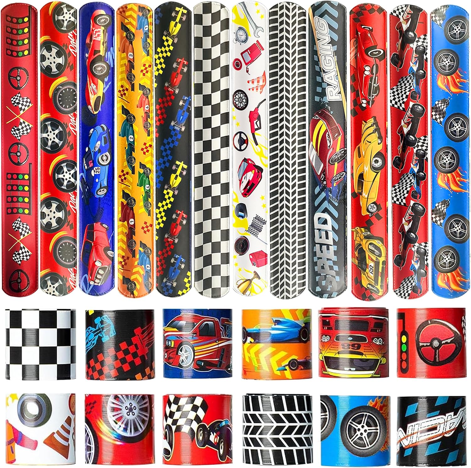 CZWXOXO 24 Pcs Race Car Party Decorations Favors Racing Bracelet Racing Wristbands Bracelet Checkered Slap Bracelets Dirt Bike Task Game Decorations Car Birthday Party Supplies