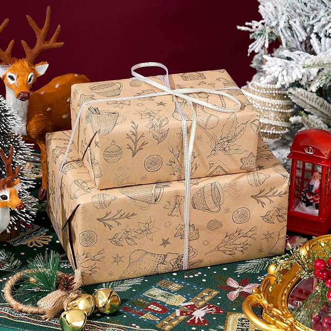 Ulmasinn Vintage Christmas Wrapping Paper Roll - Brown Kraft Paper 17" x33ft - with Cutting Line, Hand-Drawn Holiday Elements, Xmas Gift Wrap for Presents, Table Decor & Crafting