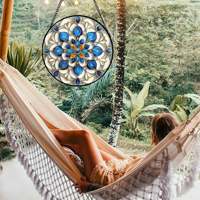 Stained Glass Window Hanging - Blue and White Abstract Flowers Suncatcher for Door Terrace Garden Home Decor, Gold Sun Catcher Birthday Gifts for Lovers Women Men Dad Mom Nana 7.8 in