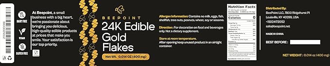 BeePoint 24K Edible Gold Foil Flakes - 400mg Gold Flakes for Cake Decorating, Baking, Cooking, Cupcakes, Chocolates, Drinks - Edible Gold Sheets