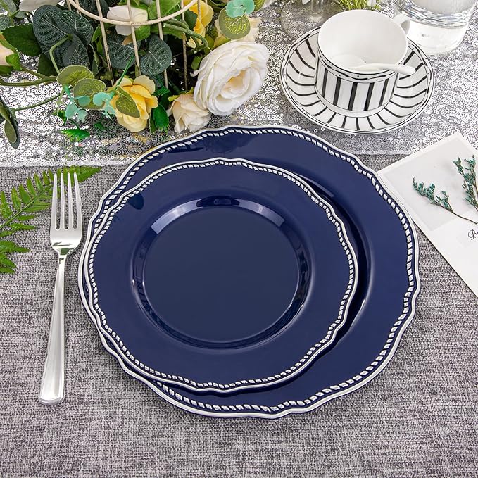 Hioasis 60pcs Blue Plastic Plates - Blue and Silver Disposable Dinnerware with Gold Rim, Heavy-duty, 10.25 inch, Dinner Plates for Party & Wedding