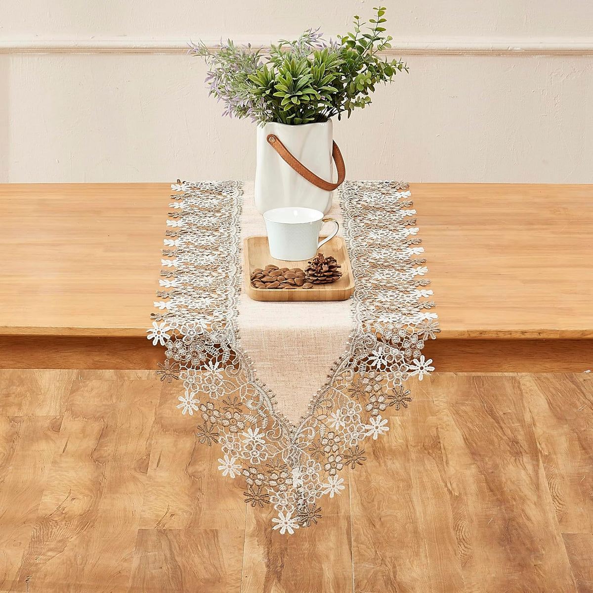 Natural Beige Floral Lace Table Runner Dresser Scarf (16” x120”)