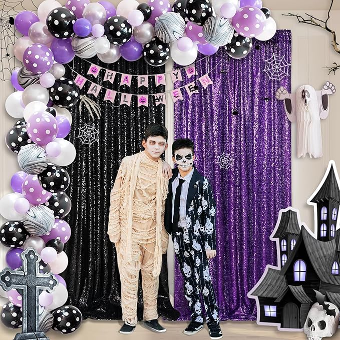 Purple Sequin Backdrop 2 Panels 2FTx8FT Glitter Halloween Party Backdrop Curtains Photo Background for Wedding Baby Shower Stage Decorations