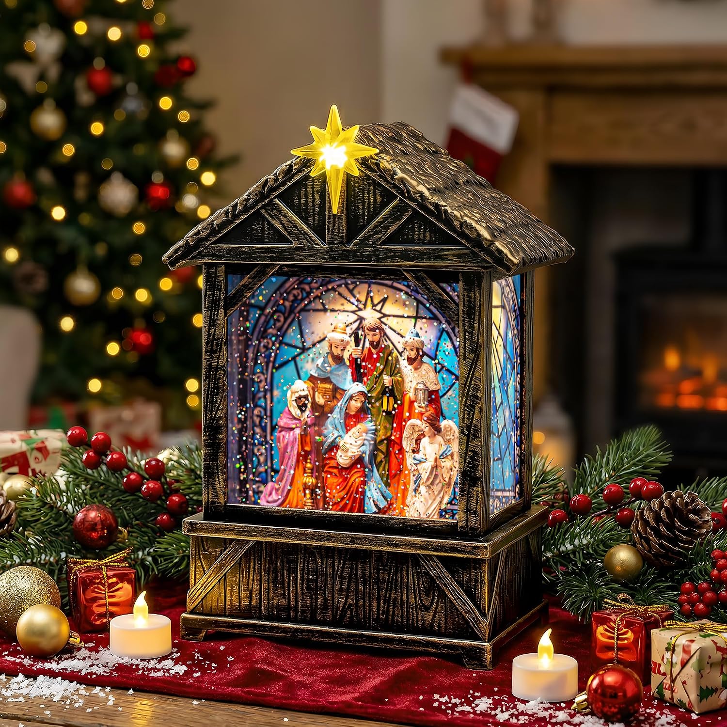 Nativity with Star Musical Lighted Water Creche with Swirling Glitter, Christmas Snow Globe Adoration of The Magi Nativity Manger Scene, Holiday Decorations Gifts for Family, Children or Friends