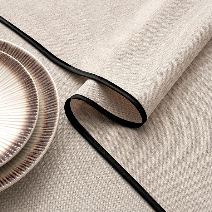 MIULEE Ivory-Black Linen Tablecloth 60x84 Inch Rectangle Table Cloth Waterproof,Stain Resistant & Wrinkle Resistant for Dining Party Wedding