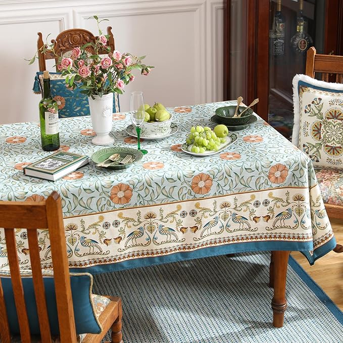 patdrea Designer French Linen Blue Tablecloth for Rectangle Table,Vintage Floral Table Cloth,Colorful Decoration Fall Cover Kitchen Dining for Thanksgiving,Tea Party,Christmas,63"x94"-Wensel