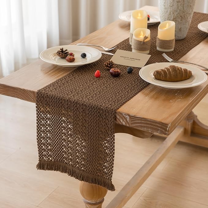 Boho Brown Table Runner for Home Decor 12x48 Inches Farmhouse Macrame Burlap Jute Rustic Dining Kitchen Centerpiece Bohemian Decor French Country Baby Bridal Shower Decorations