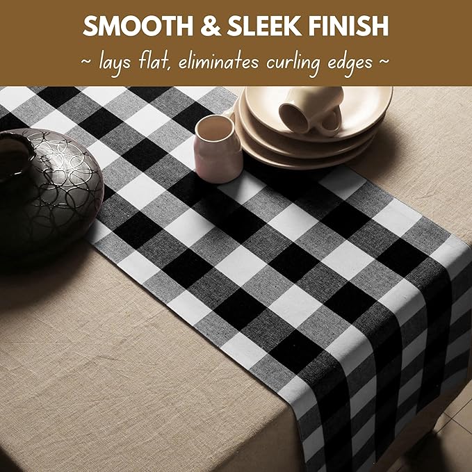 Native Fab Buffalo Check Plaid Table Runner, 100% Cotton, 13x108 Inches, Rustic Farmhouse Kitchen and Dining Décor, Perfect for Weddings, Halloween, Holiday Gatherings, Black and White