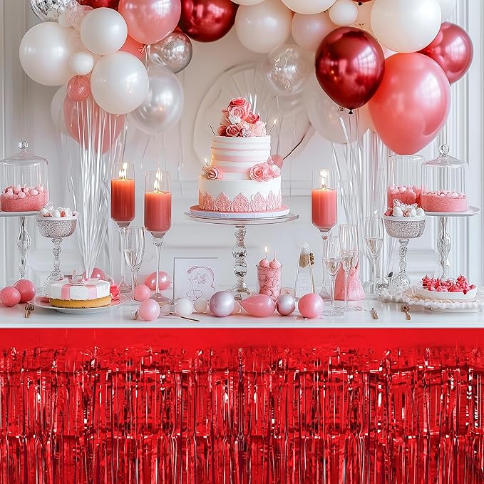 2 Pack Red Green Table Skirts, 29x108" Metallic Foil Tinsel Fringe Table Skirt for Rectangle Tables Streamer Curtains Backdrop, Party Decorations for Birthdays, Weddings, Holidays