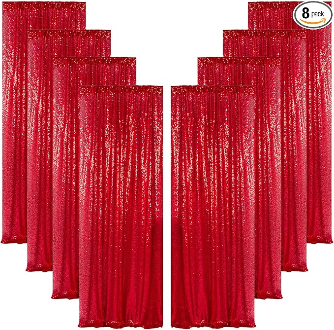 ShinyBeauty Red Sequin Curtains 8 Panels, 2FTx8FT - Dazzling Glitter Backdrop for Festive Events, Birthday Parties, and Christmas Decor, Sparkle Photo Background