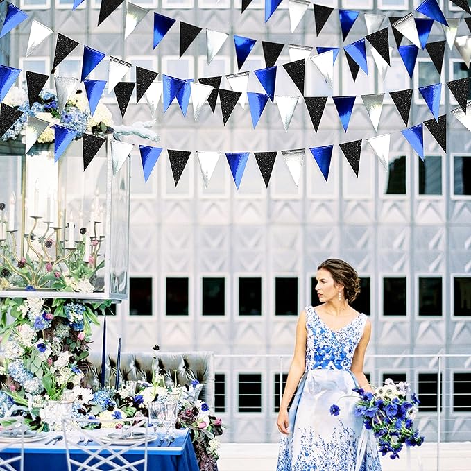 30Ft Navy Blue Black and Silver Party Decorations Royal Blue Triangle Flag Pennant Banner Bunting for Graduation Birthday Wedding Bridal Shower Nautical Ahoy Achor Theme Party Decorations Supplies