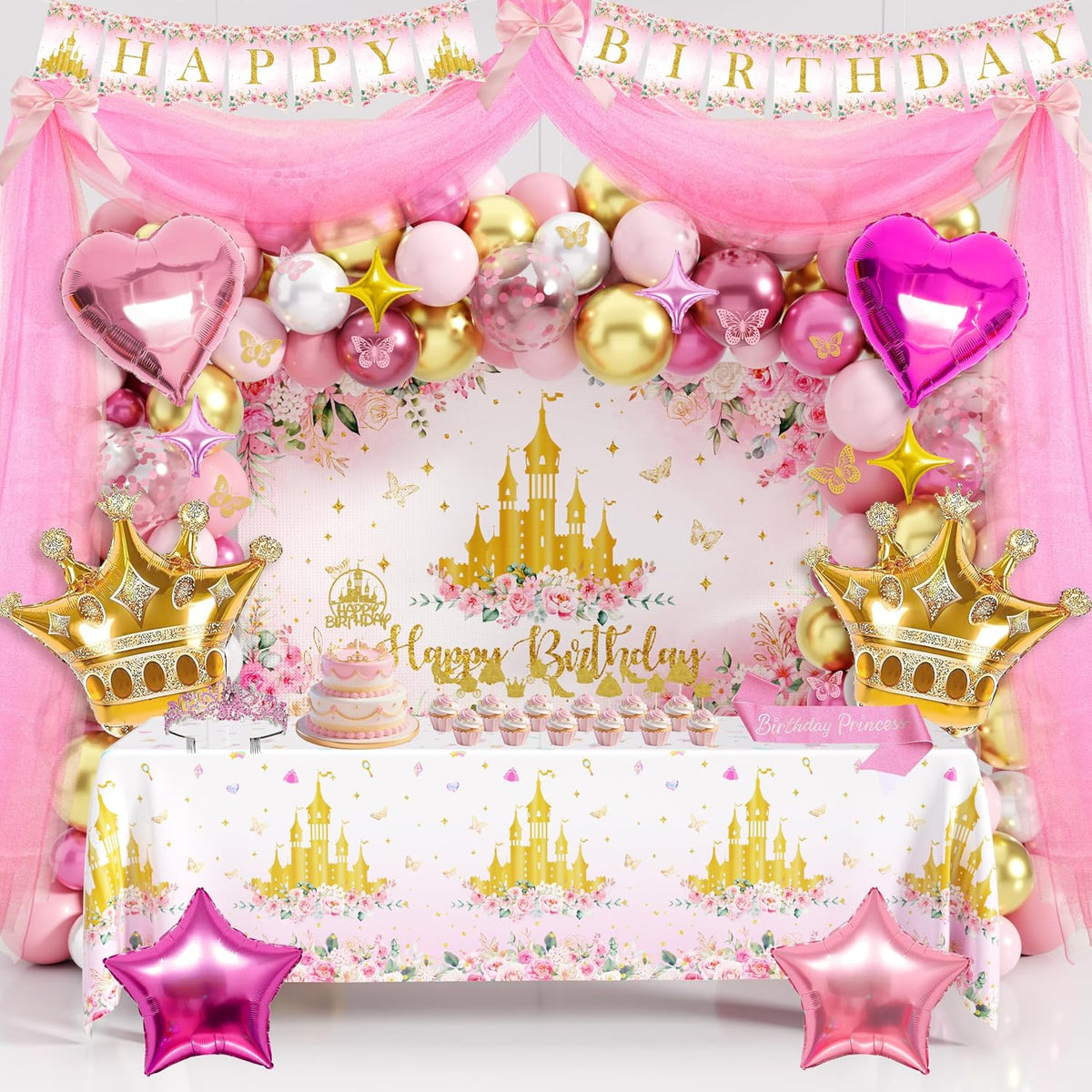 thaway princess birthday decorations pink gold balloon arch, main product view