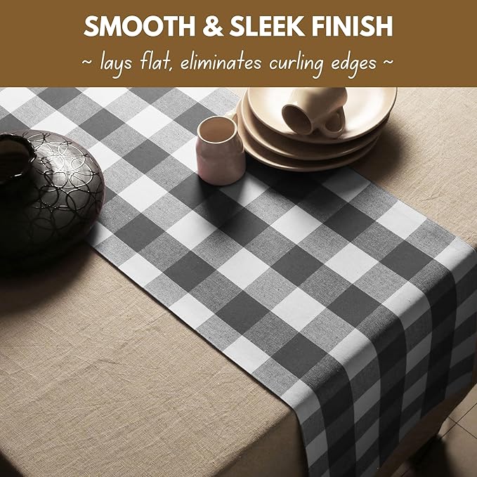 Native Fab Buffalo Checked Plaid Table Runner, 100% Cotton, 13x108 Inches, Rustic Farmhouse Kitchen and Dining Décor, Perfect for Fall, Winter, Weddings, Holiday Gatherings, Grey and White