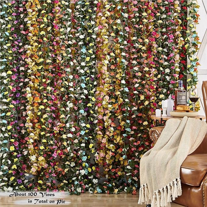 8 Pcs x 8.2 ft Flower Garland Artificial Rose Vine Flowers with Green Leaves Hanging Fake Roses Vine for Room Party Home Wedding Birthday Christmas Wall Arch Decor, Spring White Flower